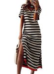 Wkior Women's Summer Maxi Dress Casual Loose Long Dress Short Sleeve Color Block Split Maxi Dresses(S-2XL), Black, S