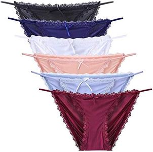 Nightaste Lingerie Women 6-Pack Lace Trim String Bikini Panties Assorted Breathable Ice Silk High Cut Briefs - Multicoloured - S(CN)-US(0-2)