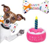 AKlamater Pet Dog Birthday Cake & Birthday Bone Squeaky Soft Plush Toy - Celebrate Your Dog's Happy Birthday (Pink)