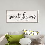 Sweet Dreams Wall Decor Above Bed Sign 40" x 15" Master Bedroom Wooden Antique Framed Large Rustic Farmhouse Guest Room Beautiful Simple Hanging Plaque Over Bed Wall Art (White)