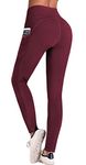 IUGA High Waist Yoga Pants with Pockets, Gym Leggings for Women Tummy Control, Workout Leggings for Women 4 Way Stretch Wine