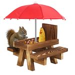 Petyoung Squirrel Feeder Table with Umbrella, Wooden Squirrel Picnic Table Feeder with Durable Corn Cob Holder, Garden Ornaments for Squirrel Chipmunk Wildlife Bird Feeder