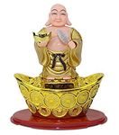 PPJ ®-FENGSHUI Solar Buddha Waving Hands (Standing ON Ingot) Fan Ingot,Moving Head and Fan,for Health, Wealth,Prosperity Office,Home,CAR Dashboard Gift Item (Gold) Pack of 1 (6.0 X 3.5 X 3.5INCH),, Plastic