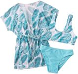 SEAUR Bathing Suit with Cover Up Set Kids Bikini with Cover Up Girls 3 Piece Swimsuit Set Tropical Floral Print Swimwear Quick Dry Kimono 5-6T Blue