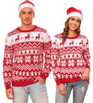 Aottori Red Christmas Jumpers for Men Xmas Jumper Sweater Novelty Reindeer Snowflakes Xmas Sweaters Fall Winter Round Neck Knitted Pullover Tops UK Men-Red XL