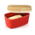 KOOV Porcelain Large Butter Dish with Lid, Airtight Butter Container with Oak Lid, Butter Crock, Perfect for 2 Sticks of Butter, Irregular Striped Series (Red)