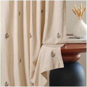 Linen Flax Curtain 50x84 Natural with Embroidery, Farmhouse Curtain,Tab Top Curtains, Room Darkening Drapes, Curtains for Bedroom, Curtains for Living Room_1Piece