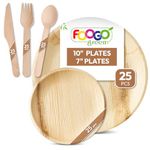 FOOGO Green 125pcs Disposable Palm Leaf Plates and Wooden Cutlery Set, FSC® Certified, 25x Large Round Plates, 25x Small Side Plates, 25x Spoons, 25x Forks, 25x Knives, Party Plates, Eco Biodegradable