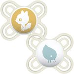 MAM Perfect Soothers 0-2 Months (Pack of 2), Thinner and Softer Baby Soothers with Self Sterilising Travel Case, Newborn Essentials, Cream/White (Designs May Vary)