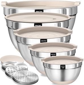 Umite Chef Mixing Bowls with Airtight Lids Set, 8PCS Stainless Steel Khaki Nesting Bowls with Grater Attachments, Kitchen Bowls with Non-Slip Bottoms, Size 5, 4, 3.5, 2, 1.5QT for Mixing & Serving