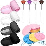 4 Pcs Spa Facial Headband Makeup Head Wrap Adjustable Towel with 30 Pcs Compressed Facial Sponges, 4 Pcs Facial Mask Fan Brushes for Facial Esthetician Supplies (Elegant Colors)