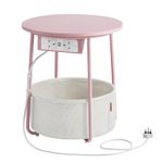 VASAGLE Side Table with Charging Station, Round End Table with Power Outlets, USB Ports, Fabric Basket, Living Room, Bedroom, Bedside Table, Modern, Jelly Pink and Cream White LET228R03