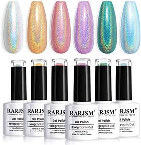 RARJSM Holographic Gel Nail Polishes Set,Sliver Rose Gold Blue Green Purple Nail Gel Polishes,Holo Glitter Gel Polish Kit,6pcs with Gift Box 7.5ML Nail Varnish Curing Rqiures French Manicure
