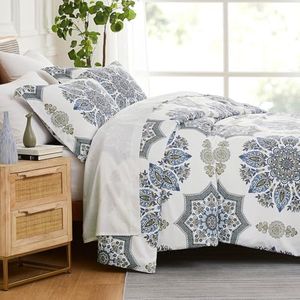 Southshore Fine Living, Inc. Oversized King Sized Comforter Bedding Set, Down Alternative Boho Bedspread, Paisley Floral Print Comforter, King/California King with 2 Matching Shams, Blue on White