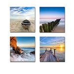 Wieco Art - Seaview Modern 4 Piece Stretched and Framed Seascape Giclee Canvas Prints Artwork Landscape Ocean Sea Beach Pictures Paintings on Canvas Wall Art for Living Room Bedroom Home Decorations