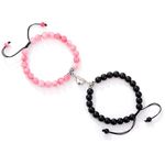 2 PCS Magnetic Couples Bracelets for Women Men,Natural Stone Stone Beads Bracelet His and Hers Relationship Bracelet for Boyfriend Girlfriend Valentines Day Gifts (Pink+Black)