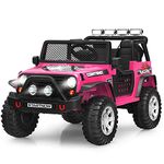 Costzon 2-Seater Ride on Truck, 12V Battery Powered Electric Vehicle w/Remote Control, 2 Speeds, Spring Suspension, LED Light, Horn, Music/ MP3, 2 Doors Open, Ride on Car for Kids (Pink)