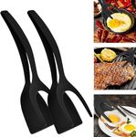 2 in 1 Grip and Flip Spatula Tong, Egg Flipper Spatula, Multi-Purpose Non-Stick Kitchen Shovel for Bread Fish Pancake Toast, Home Kitchen Cooking Tool (2Pcs/Black)