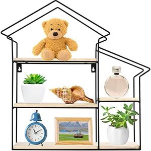 Greenco Shelf, Natural Geometric House Shaped 3 Tier Mounted Floating Shelves, Home Decor, Metal Wire and Rustic Wood Wall Storage Shelves for Bedroom, Living Room, Bathroom, Kitchen and Office