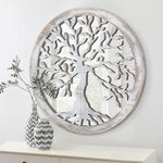 Wooden Circle Wall Mirrors White Round Mirror Farmhouse Rustic Mirrors for Wall Decor Tree of Life Decorative Hanging Mirror for Bedroom, Bathroom, Living Room or Entryway