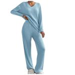 Loungewear Sets for Women Ribbed Loungewear,Ladies Pjs Sets Loungewear Knit Sleepwear Homewear，V-Neck Long Sleeve Blouses and Wide Leg Trousers for Holiday Office UK Size Blue