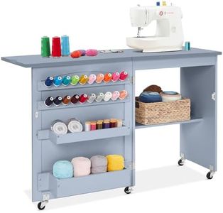 Best Choice Products Folding Sewing Table Multipurpose Craft Station & Side Desk with Compact Design, Wheels, Shelves, Storage Trays, Pegs, Magnetic Doors, Metal Doorknobs - Light Blue