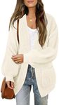 MEROKEETY Women's Open Front Long Lantern Sleeve Cardigan Oversized Chunky Outwear with Pocket, Beige, Small