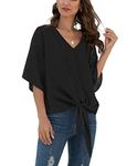 VIISHOW Women Bell Sleeve Shirt Tie Knot Casual Chiffon Blouses Tops, Pure Black, Medium