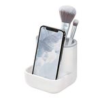 iDesign 28552 Toothbrush Holder, Compact Plastic Make-up Organiser with 3 Compartments, Sturdy Sink Caddy for Make-up Brushes and Bathroom Accessories, White and Grey, 10.4 x 10.0 x 10.2 cm