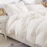 White Duvet Cover Double Size Pompoms Tassels Design Soft Washed Microfiber with Zipper Closure (White, Double)