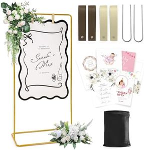 Wedding Welcome Sign Stand, Welcome to our Wedding Sign Holder, Gold Easel Stand for Sign Poster With Design Bundle & Ground Stakes & Leather Sign Hanging Straps, Linen Sign Stand for Wedding Decor