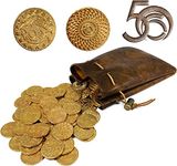 Byhoo 50 D&D Fantasy Metal Gold Coins & Leather Pouch for Dungeons and Dragons Novelty Tabletop RPG Board Games Tokens Treasure Coins for Party Tablelap Games Accessories Addons Medieval Game Retro