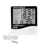 SMIC Pvc Htc-2 Lcd Digital Thermometer Hygrometer Weather Station Temperature Humidity Meter Clock Room Wall Indoor Outdoor Sensor Probe, Pack of 1