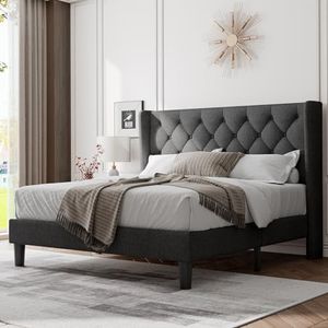 Feonase Full Size Bed Frame with Upholstered Wingback Headboard, Platform Bed and Heavy Duty Wooden Slats Support, Easy Assembly, Noise-Free, No Box Spring Needed, Dark Gray
