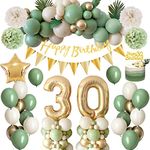 30th Birthday Decorations for Women Men, Thinbal Saga Green Birthday Party Decoration, 32In Foil 30th birthday balloons, Green Gold White Balloons Happy Birthday Banner,Pom Poms for 30 Birthday Deco