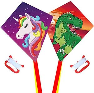 Diamond Kite [2 Pack] Dinasour+Unicorn Eddy Kite, Beginners Kite for Children, Wonderful Beginner Kite for 3 Years up, 60x70cm with 2x300cm Long Tails, Kite Handle, 60m String and Swivel incloud