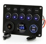 GIDREN 12V/24V Switch Panel Toggle Switch Panel Dual USB Charger Port 4.2A, Digital Voltmeter Display Car Rocker Switches Lighter Socket 5 Gang Switch Panel for Car Boat Truck (BLUE)