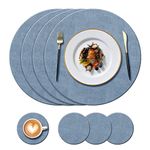 KERYCHIN Round Leather Place mats and Coasters Set, Heat-Resistant 212 °F, Non-Slip and Waterproof, Easy to Clean, PU Table Mats for Kitchen, Home, Restaurant, Dining Table, 8 Pieces (Blue)