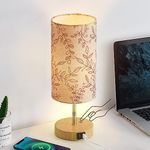 Bedside Touch Lamp, Wood Small Table lamp for Bedroom with 2 USB Charging Ports & Flower Fabric Shade, 3-Way Dimmable Nightstand Lamps for Living Room Office Reading Desk Home Dorm(LED Bulb Included)