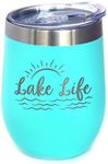 Bevvee Lake Life - Wine Tumbler with Sliding Lid - Stemless Stainless Steel Insulated Cup - Cute Outdoor Camping Mug - Teal