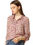 Allegra K Women's Button Down Floral Shirt Blouse Long Sleeve Point Collar Top Pink Medium