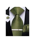 DiBanGu Silk Solid Olive Green Necktie for Men Party Wedding Satin Tie and Pocket Square Cufflinks Tie Clip Set