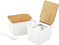 IMPRESA [2 Pack Japanese-Style Salt Box With Spoon for a Minimalist Kitchen Decor - H&made Ceramic Salt & Spice Containers Prevent Light & Moisture - Spice Jars With Bamboo Lids - Kitchen Storage