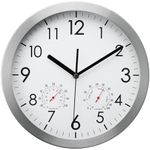 WOOPHEN 12 Inch Wall Clock with Temperature and Humidity, Battery Operated Non Ticking Silent Metal Frame Wall Clocks for Office, Home, Bathroom, Kitchen, Bedroom, School, Living Room(White)