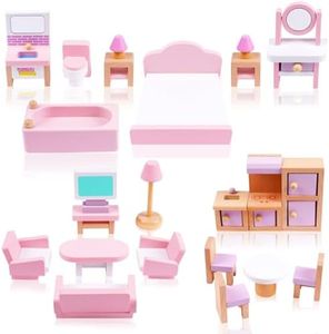 HOTUT Muebles de Casa de Conjunto de Juguetes,22pcs Muebles de Madera Casa con Muebles de Dormitorio y Accesorios de Cocina,Juegos de Muebles en Miniatura de Casa,Juguetes Casa de Habitación