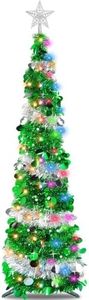 TURNMEON 5 Ft Tinsel Prelit Christmas Tree Pop Up with Timer 50 Color Lights Star Sequins Battery Operated Artificial Pencil Slim Xmas Tree for Home Party Indoor Outdoor Christmas Decoration (Green)