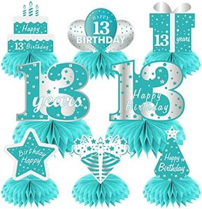 Teal Silver 13th Birthday Decorations Honeycomb Centerpieces for Girls, 8Pcs Breakfast Blue 13 Year Old Birthday Table Centerpieces Party Supplies, Teal Blue Thirteen Bday Table Topper Sign Decor