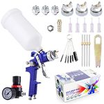 Pindex Gravity Feed HVLP Spray Gun with Air Regulator 4Nozzles1.4mm 1.7mm 2mm 2.5mm,Paint Sprayer with 1000cc/ml Cup for Cars,Wall,Furniture,Painting,Fences