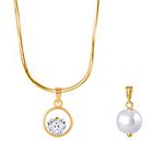 JFL - Jewellery for Less Fashion Combo of Gold Plated Cubic Zircon Heart Round Solitaire Pendant and Japanese Pearl Pendant with Chain for Women and Girls(Gold, White),Valentine