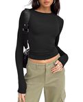 LACOZY Womens Round Neck Long Sleeve Shirt Skinny Dupes Tee Shirt Casual Workout Crop Top y2k Black M